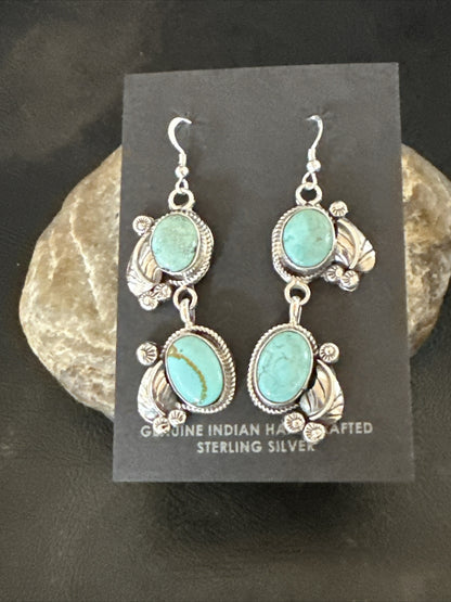 Native Navajo Blue Dry Creek Turquoise Sterling Silver Dangle Earrings 2” 17920
