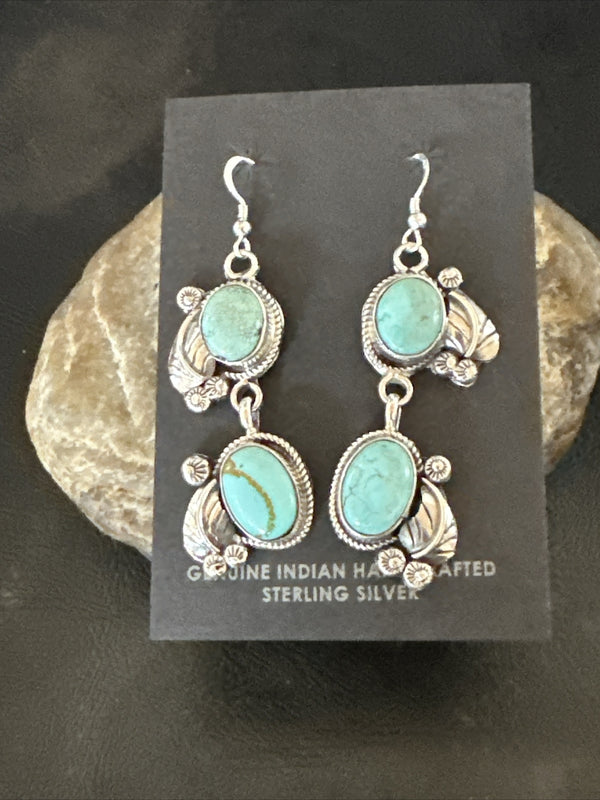 Navajo Blue Dry Creek Turquoise Dangle Earrings 2" | Sterling Silver | Authentic Native American Handmade | 17920