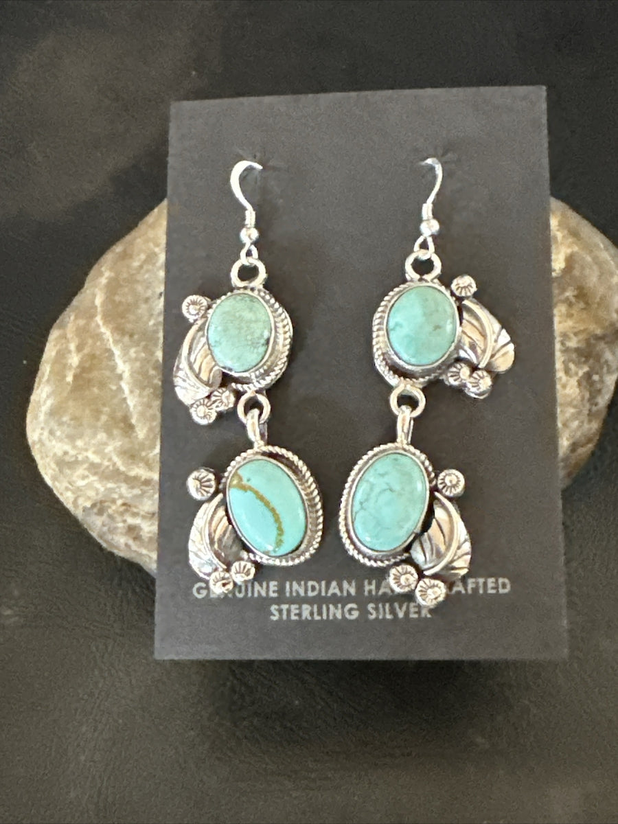Native Navajo Blue Dry Creek Turquoise Sterling Silver Dangle Earrings 2” 17920