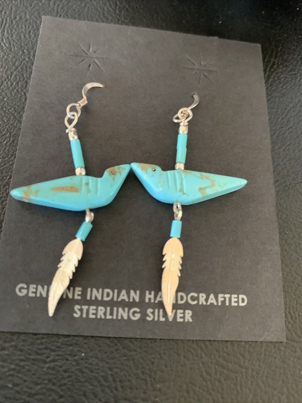 Native American Navajo Blue Turquoise Fetish Sterling Silver Earrings 1.5" 13055
