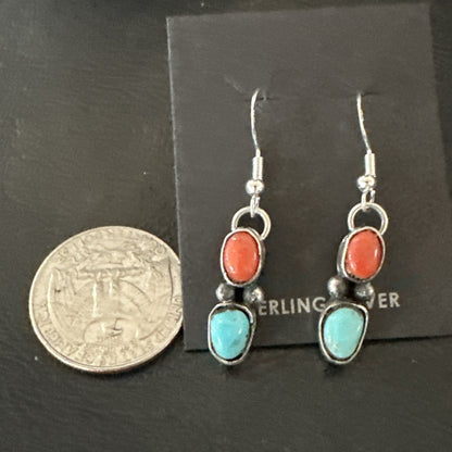 Handmade Blue Turquoise Red Coral Sterling Silver Navajo Dangle Earrings 18846