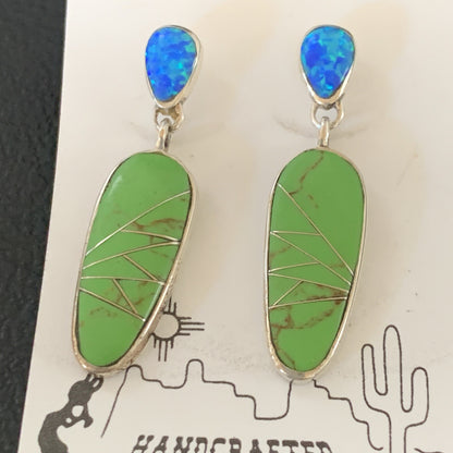 Green Gaspeite Opal Navajo Sterling Silver Inlay Earrings 1.25" 19177