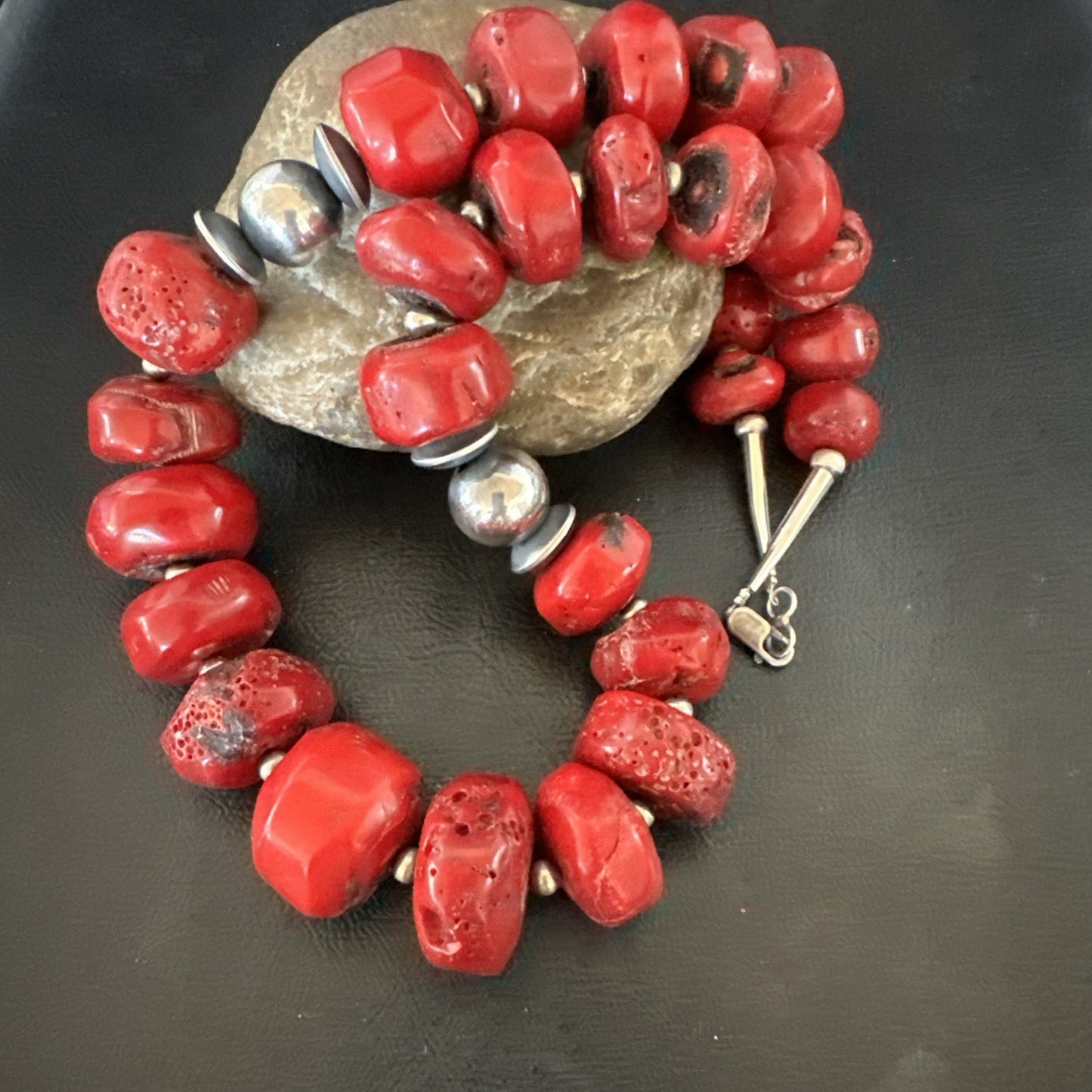 Chunky Navajo Red Bamboo Coral Sterling Silver Bead Necklace 24” Graduated 19531