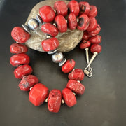 Chunky Navajo Red Bamboo Coral Bead Necklace 24"Graduated | Sterling Silver | Authentic Native American Handmade | 19531