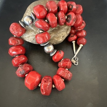 Chunky Navajo Red Bamboo Coral Sterling Silver Bead Necklace 24” Graduated 19531