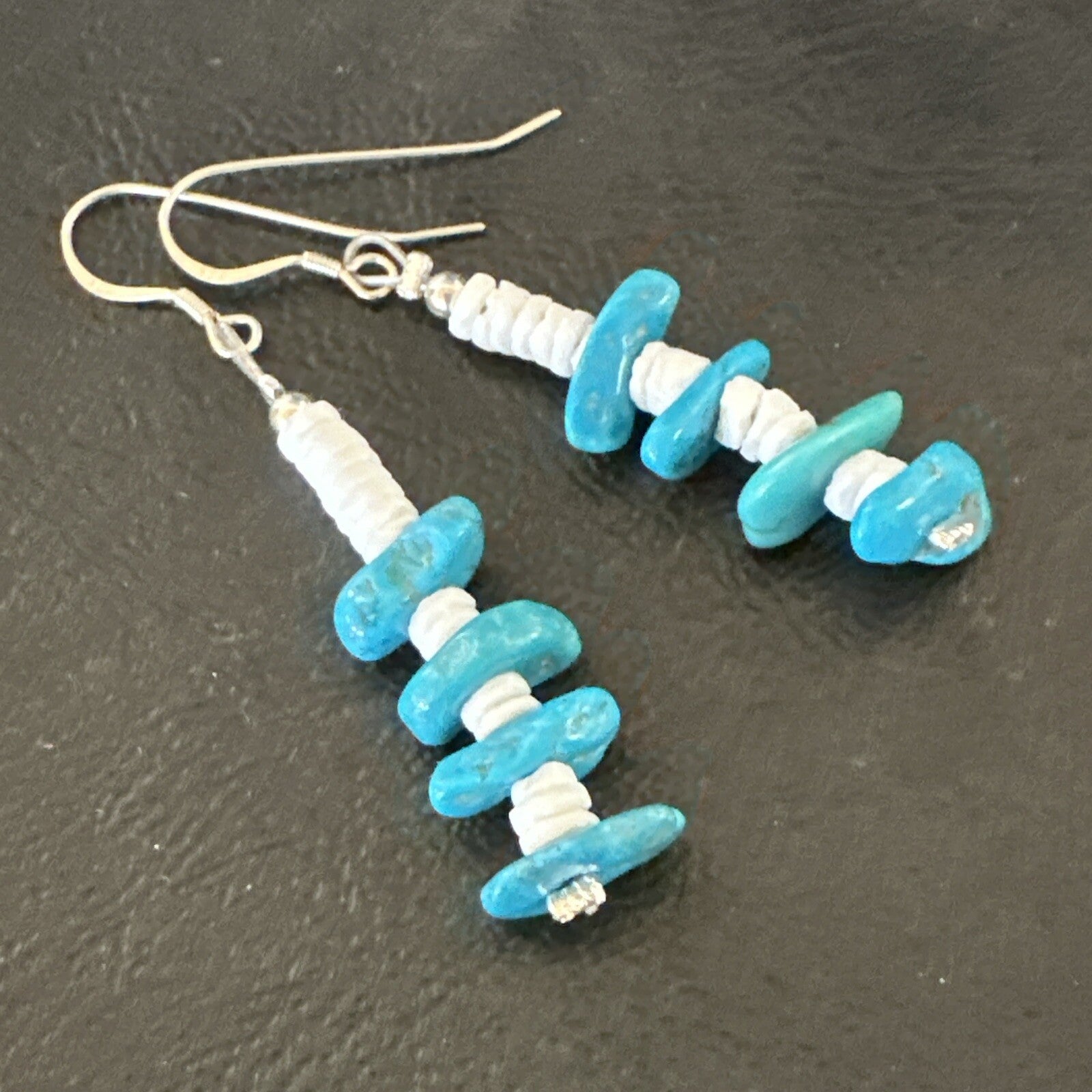 Navajo Blue Kingman Turquoise Nugget Bead Sterling Silver Earrings 17845