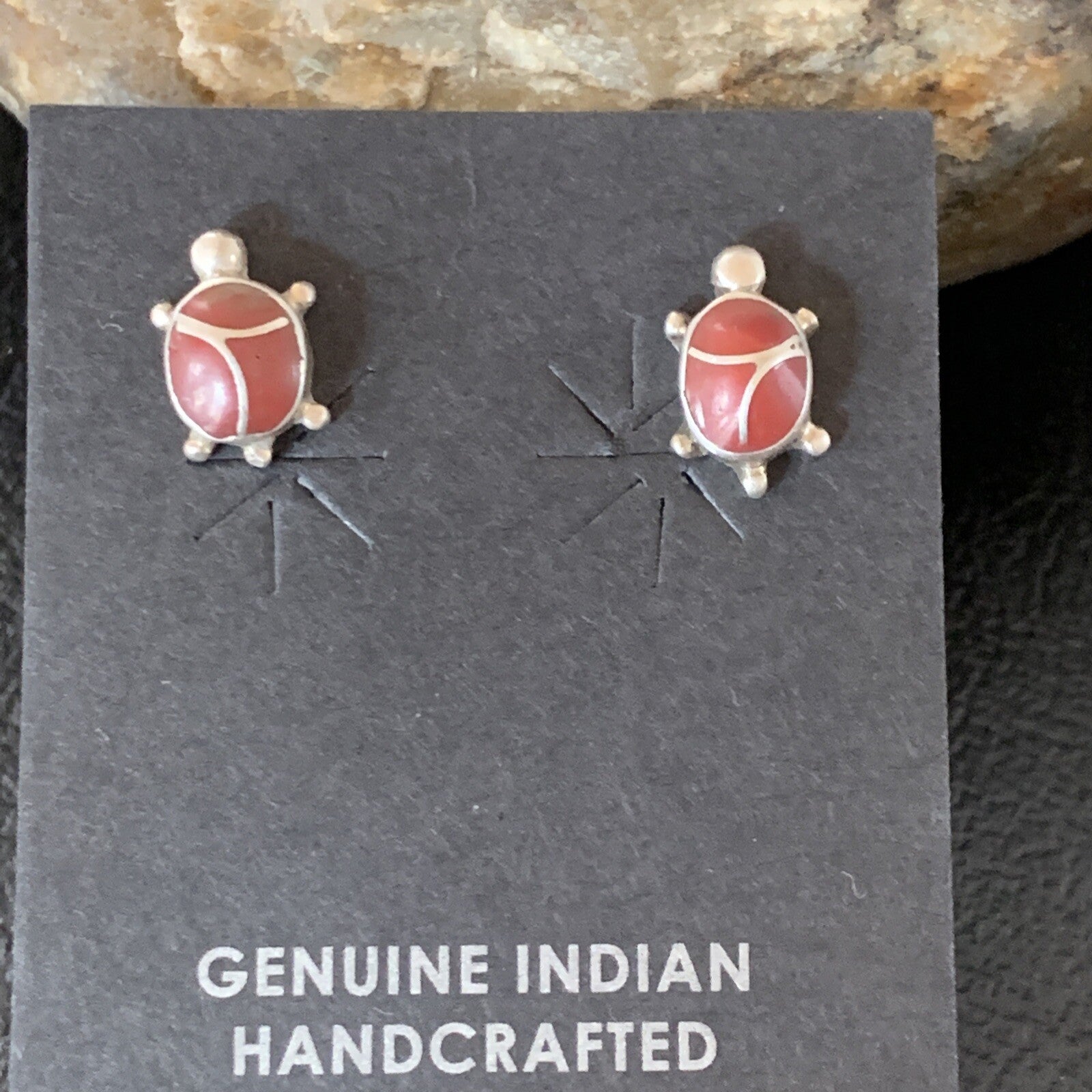 Womens Orange Spiny Oyster Turtle Inlay Navajo Sterling Silver Earrings 12833