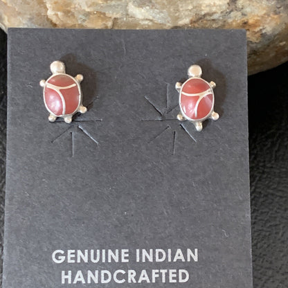 Womens Orange Spiny Oyster Turtle Inlay Navajo Sterling Silver Earrings 12833
