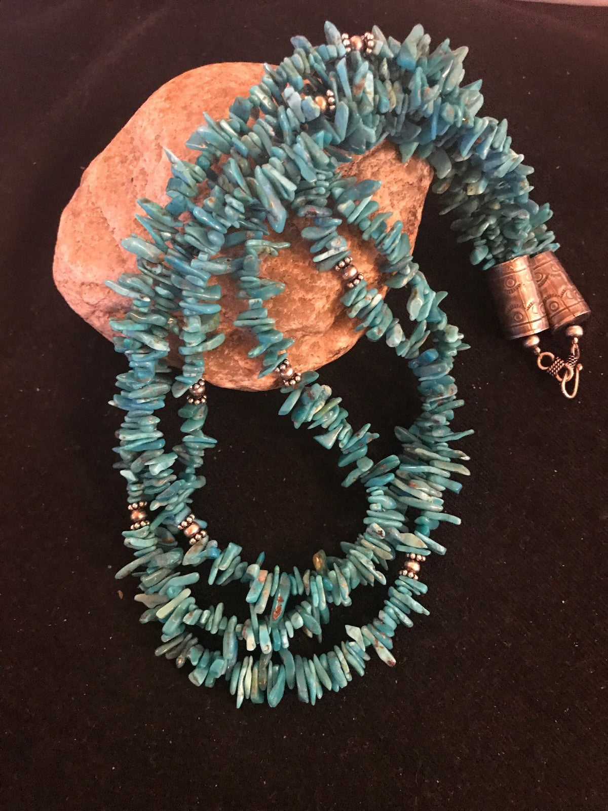 Turquoise Nugget Bead 3 Strand Stabilized Navajo Sterling Necklace 08100