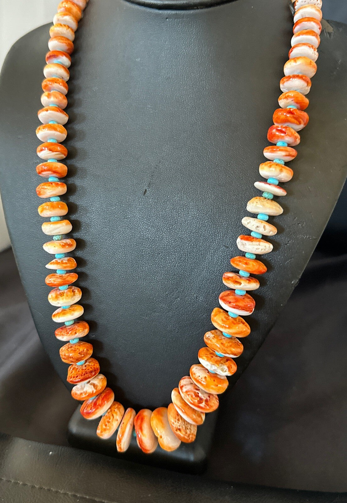 Orange Spiny Oyster Blue Turquoise Navajo Sterling Silver Necklace 23" 18088