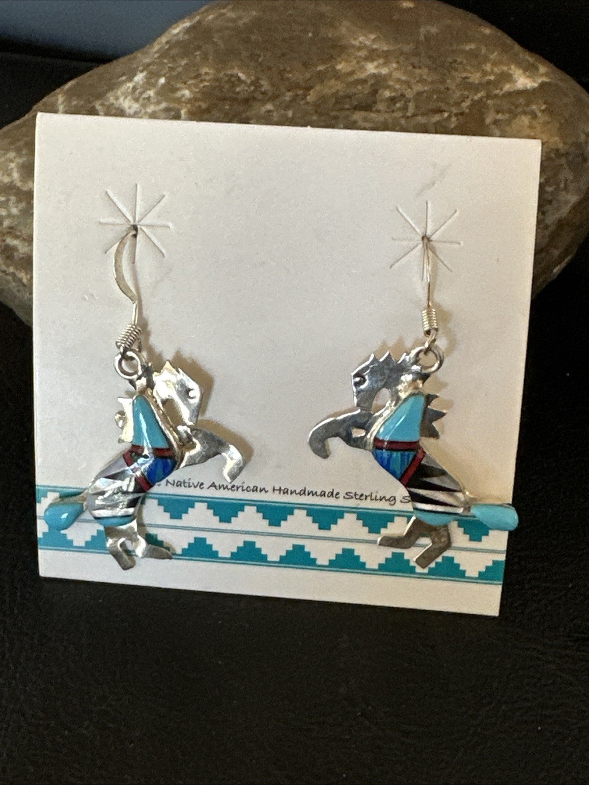 Blue Turquoise Coral Horse Inlay Navajo Sterling Silver Earrings 19827