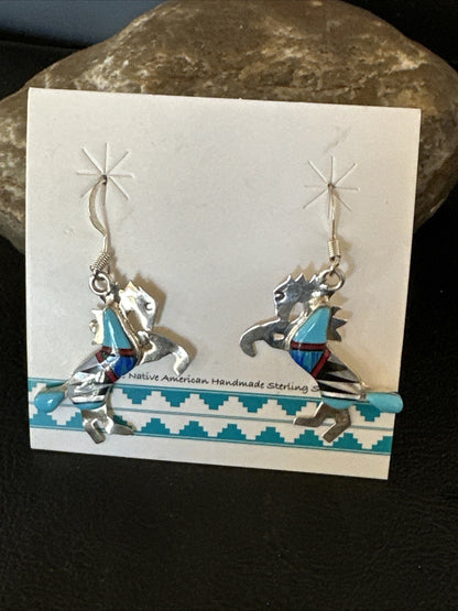 Blue Turquoise Coral Horse Inlay Navajo Sterling Silver Earrings 19827