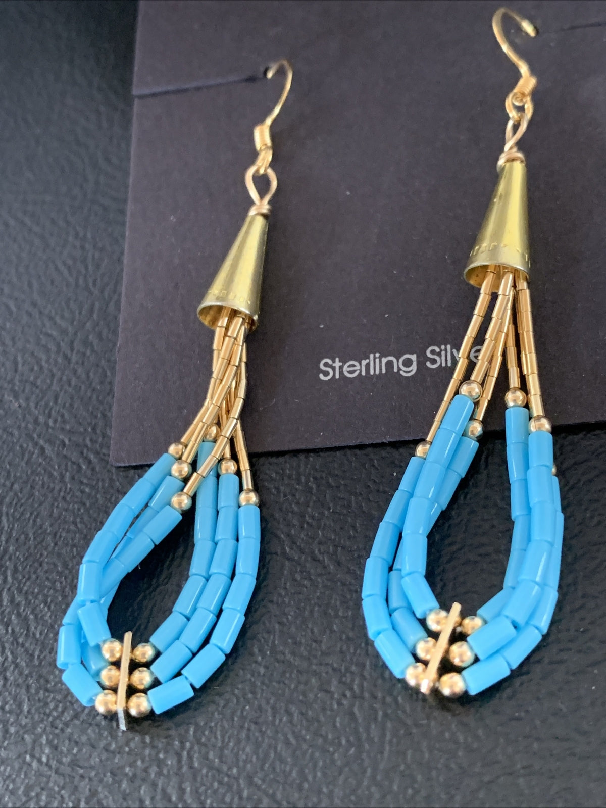 Blue Turquoise Liquid Gold Filled Tubes Dangle Heishi Earrings 2" 13030