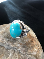 Blue Mountain Pilot Turquoise Navajo Ring Size 9 | Sterling Silver | Authentic Native American Handmade | 8242