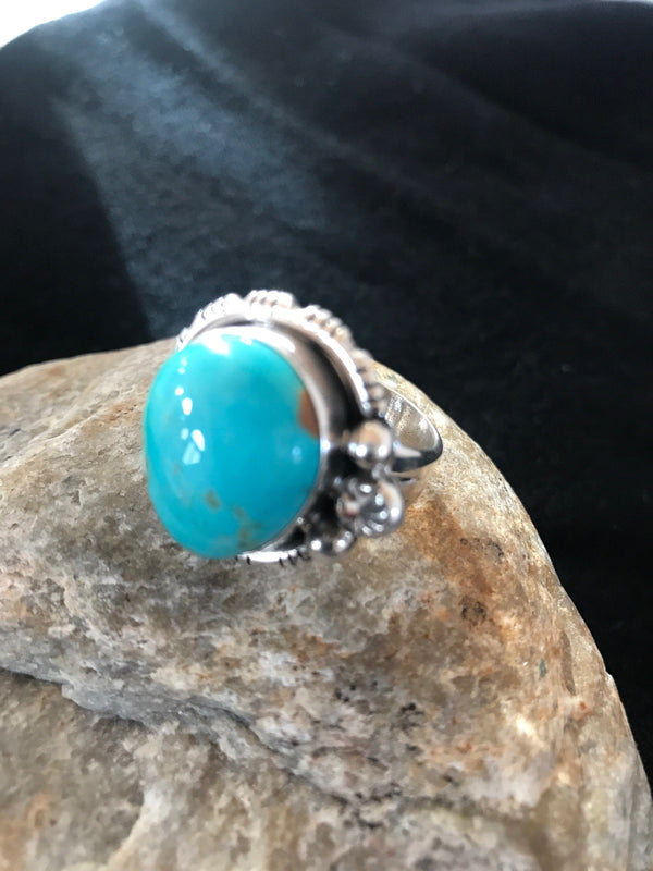 Blue Mountain Pilot Turquoise Navajo Ring Size 9 | Sterling Silver | Authentic Native American Handmade | 8242