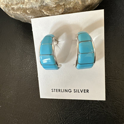 Southwestern Sterling Silver Blue Turquoise Stud Inlay Earrings 1” 19267