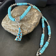 Blue Turquoise Cluster Pendant Navajo Necklace 20" | Sterling Silver | Authentic Native American Handmade | 19715