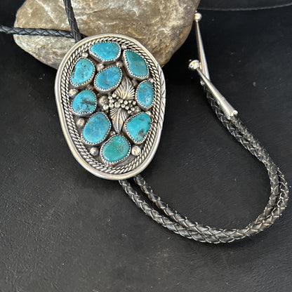 Mens Bolo Tie Cluster Blue Kingman Turquoise Sterling Silver Navajo 14522