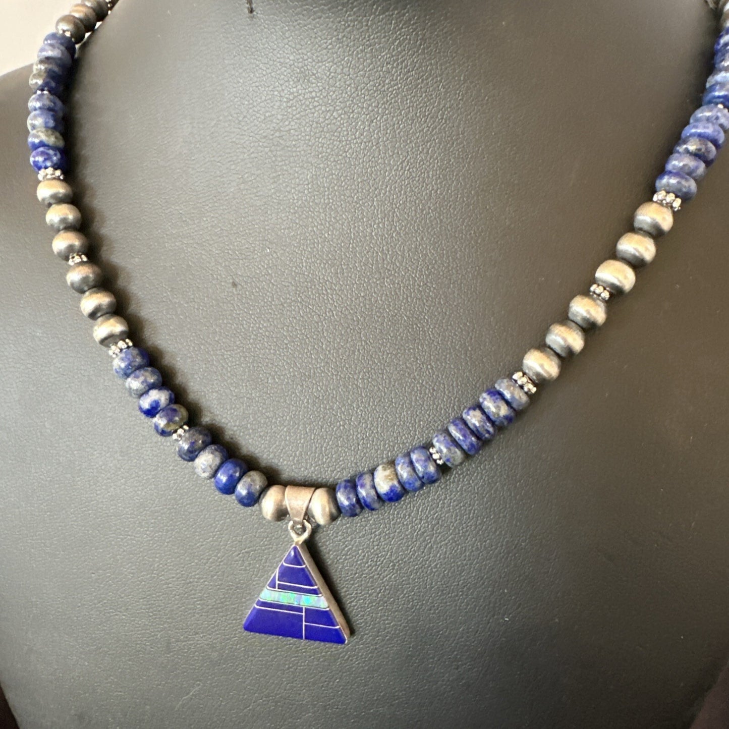 Blue~Lapis~Pendant~Navajo~Pearls~Sterling~Silver~Necklace~ 22”~18743