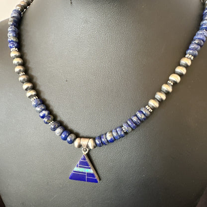 Blue~Lapis~Pendant~Navajo~Pearls~Sterling~Silver~Necklace~ 22”~18743