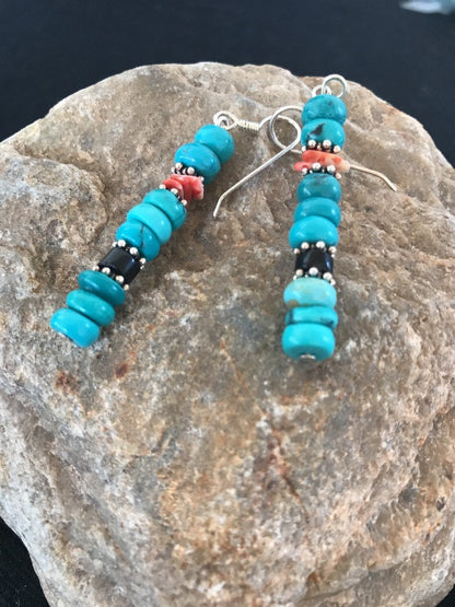 Blue Turquoise Red Spiny Oyster Sterling Silver Navajo Earrings
