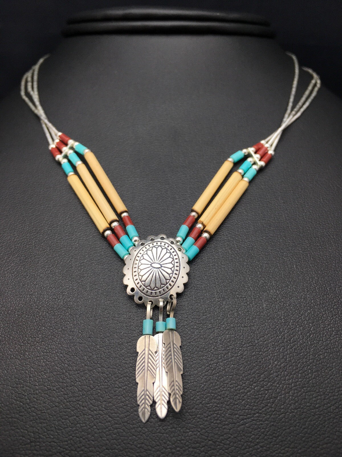 Concho Heishi Tubes 3 Strand Liquid Sterling Silver Navajo Necklace 4373