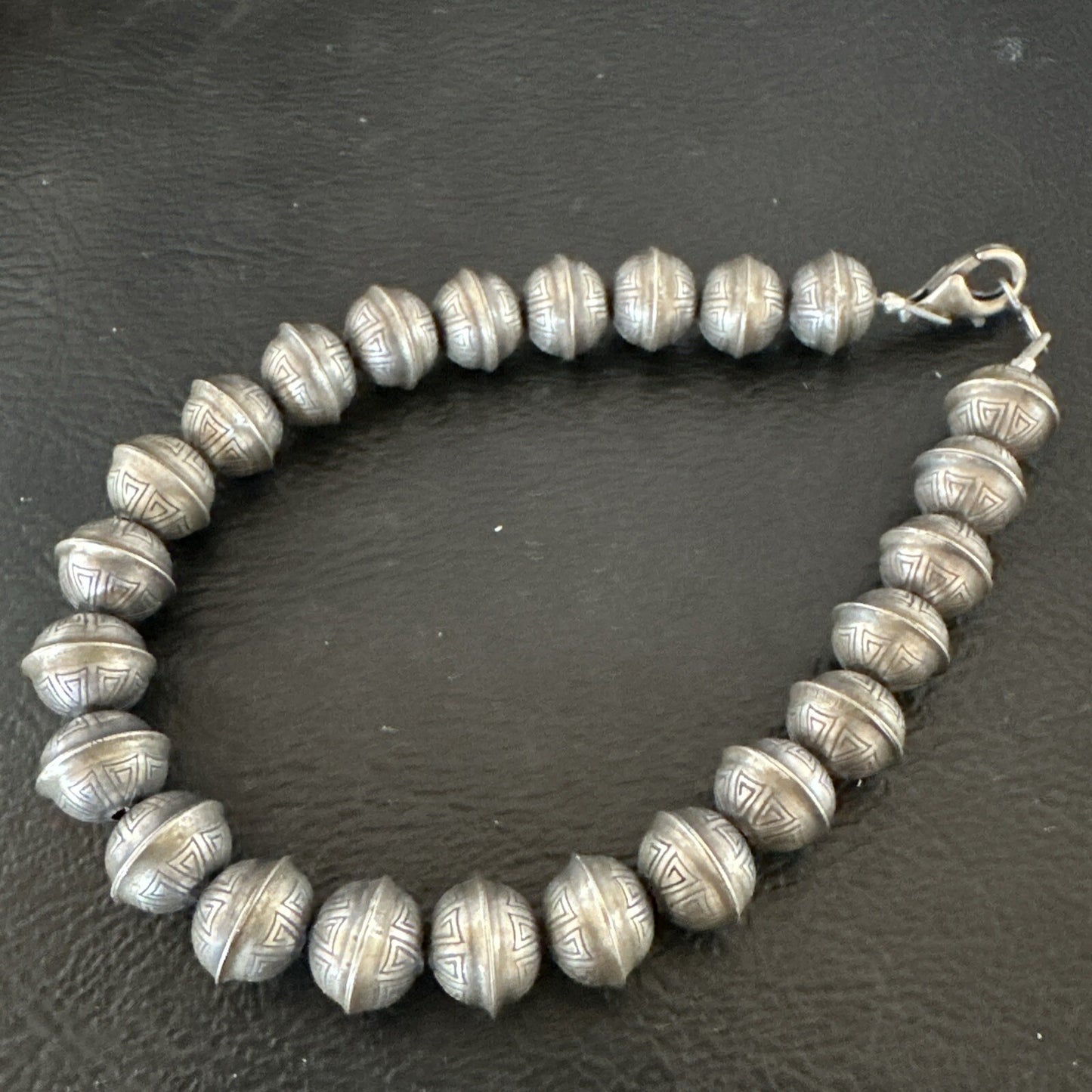 Handmade Stamped Navajo Pearls 8mm Beads 7” Sterling Silver Bracelet