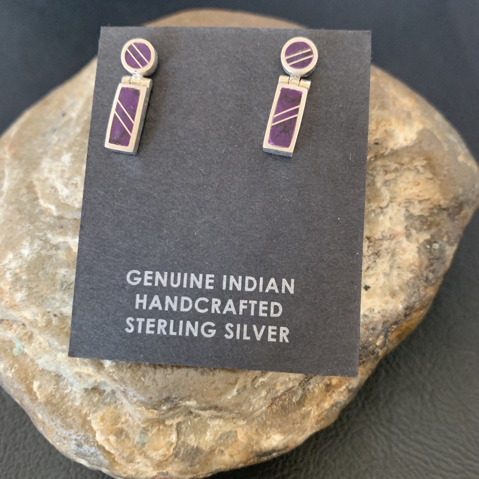 Native Purple Stone Navajo Sterling Silver Dangle Inlay Earrings 0.6" 12682