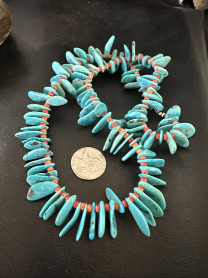 Large Blue Turquoise Red Spiny Navajo Pearls Sterling Silver Necklace 21" 19319