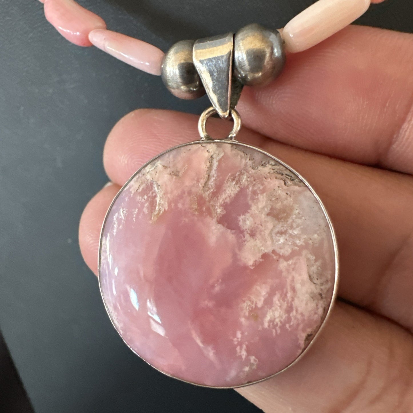 Southwestern Sterling Silver Pink Coral Bead Necklace Quartz Pendant 24" 19588