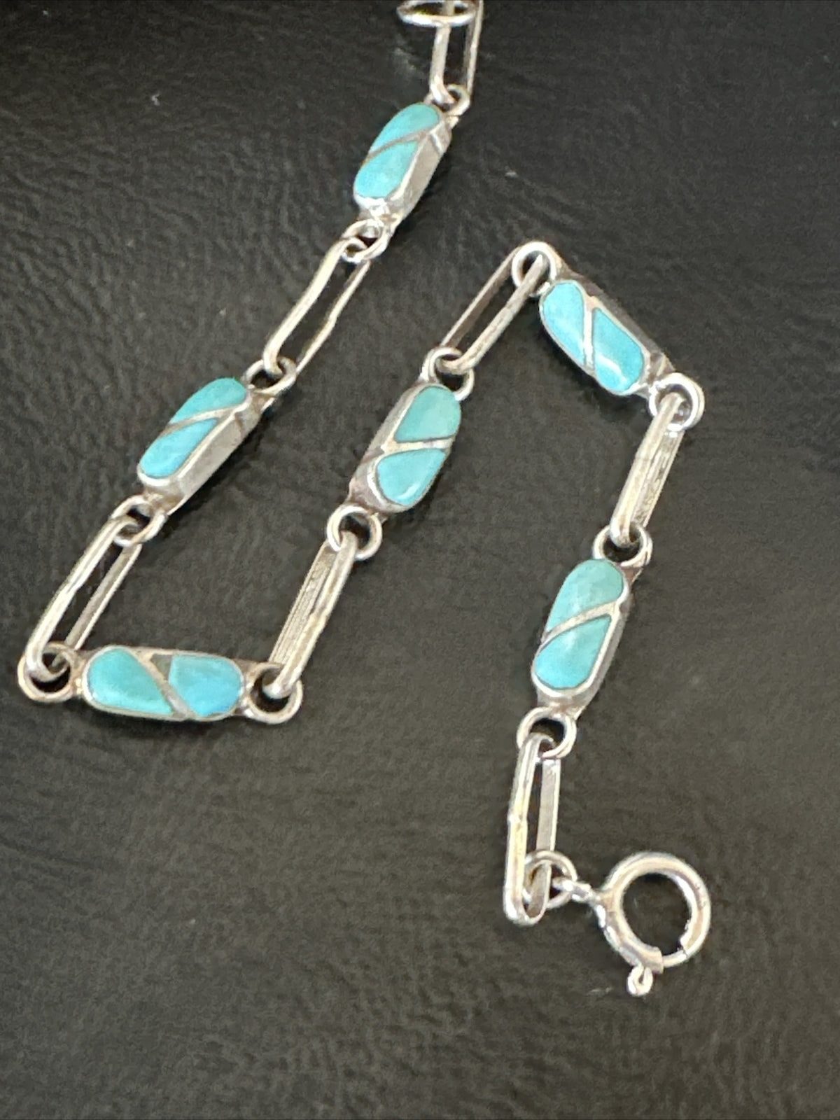 Blue Turquoise Navajo Old Pawn Sterling Silver Inlay Bracelet 7.5” 18152