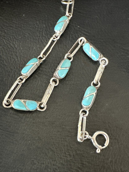 Blue Turquoise Navajo Old Pawn Sterling Silver Inlay Bracelet 7.5” 18152