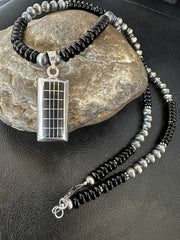 Men's Women's Black Onyx Pendant Navajo Beads Necklace | Sterling Silver | Authentic Native American Handmade | 18331