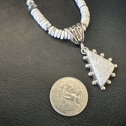 White Buffalo Turquoise Pendant Navajo Pearls Sterling Silver Necklace 22" 18257