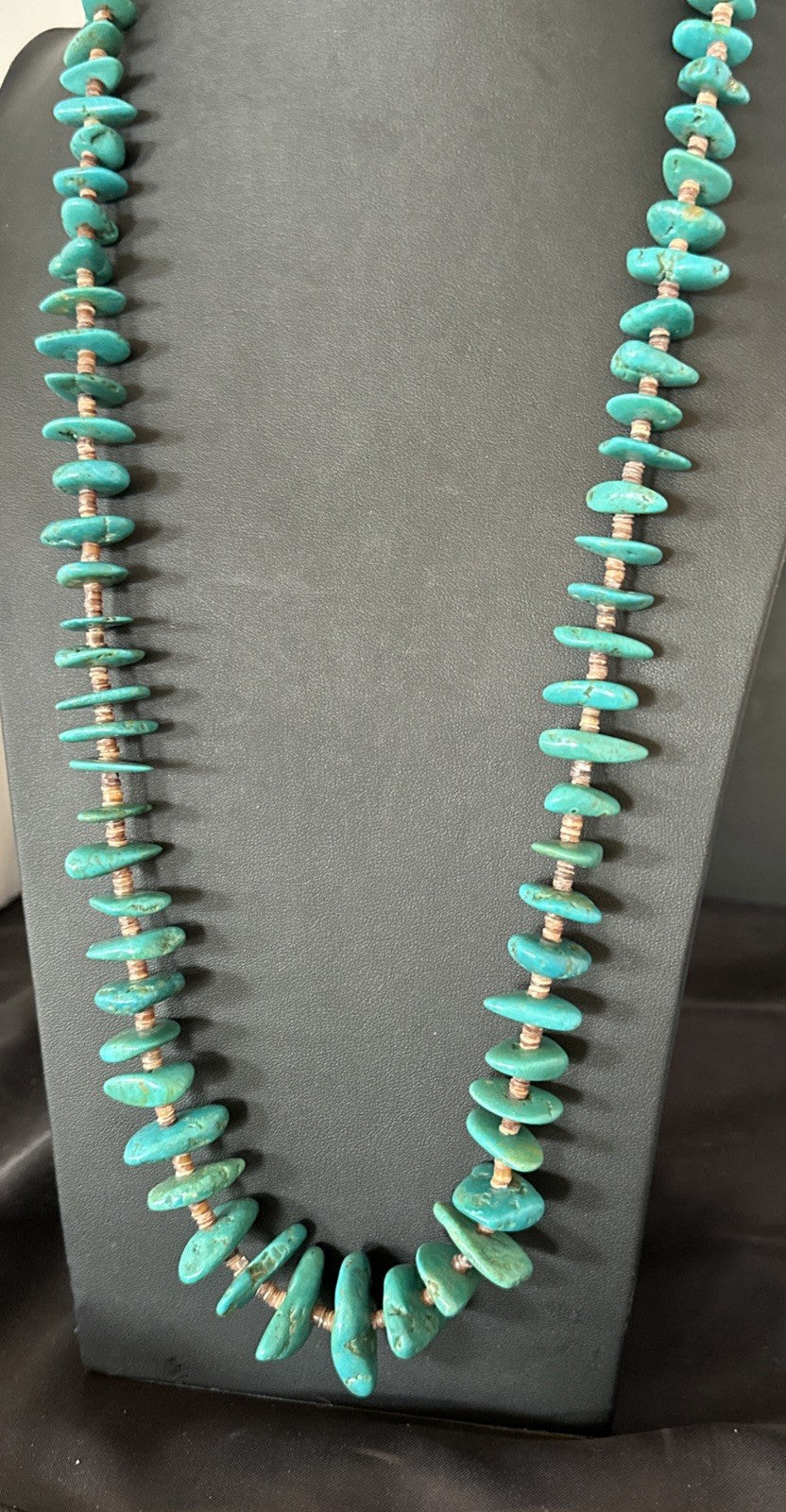 XL Navajo Kingman Turquoise Shell Heishi Sterling Silver Bead 34” Necklace 19635