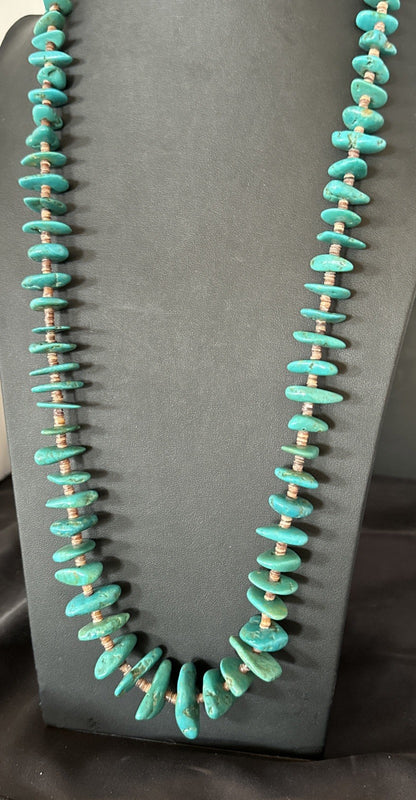 XL Navajo Kingman Turquoise Shell Heishi Sterling Silver Bead 34” Necklace 19635
