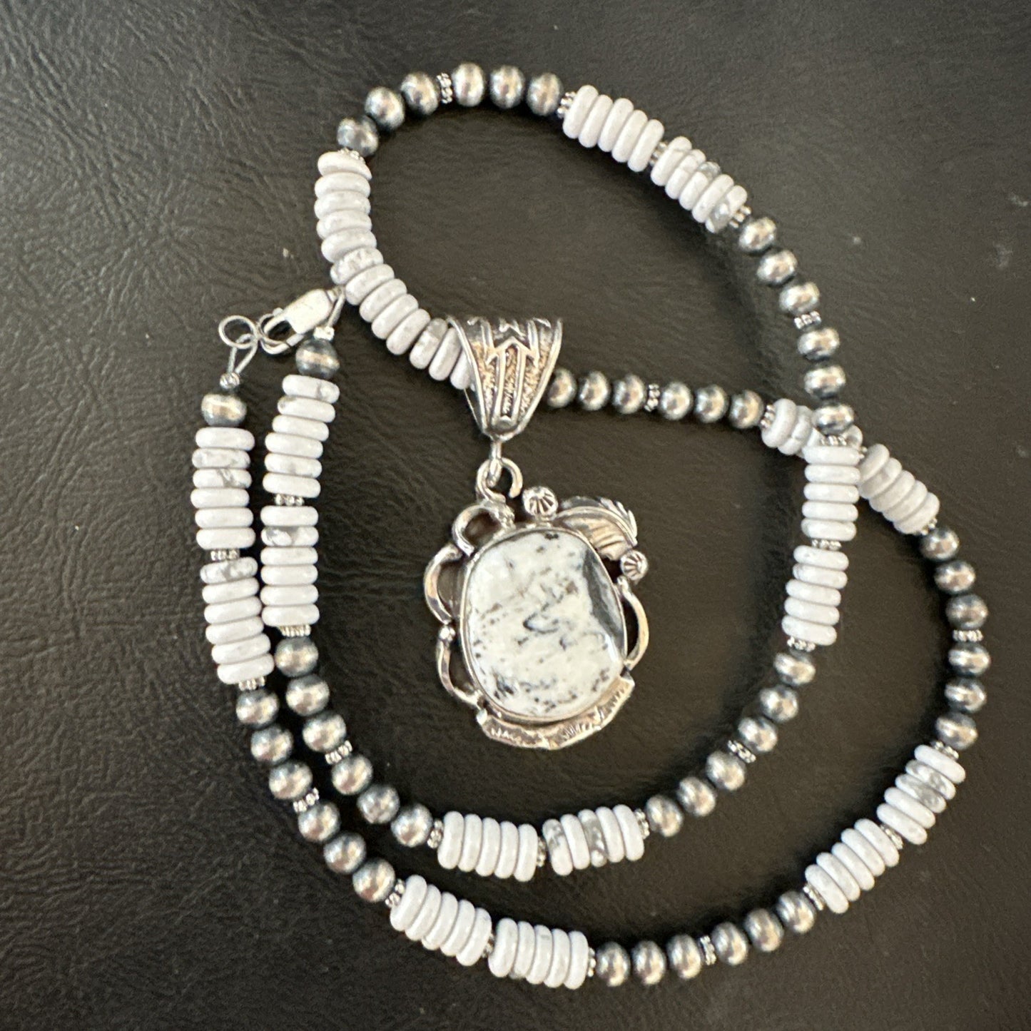 White Buffalo Turquoise Pendant Navajo Pearls Sterling Silver Necklace 20” 19496