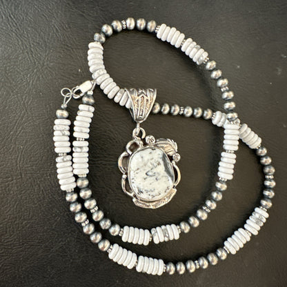 White Buffalo Turquoise Pendant Navajo Pearls Sterling Silver Necklace 20” 19496