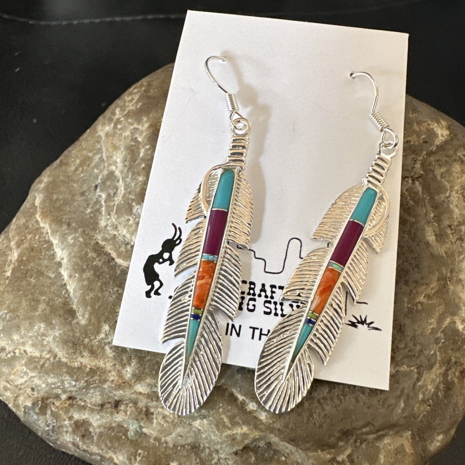 Multicolor Turquoise Sterling Silver Handmade Inlay Feather Earrings 18698