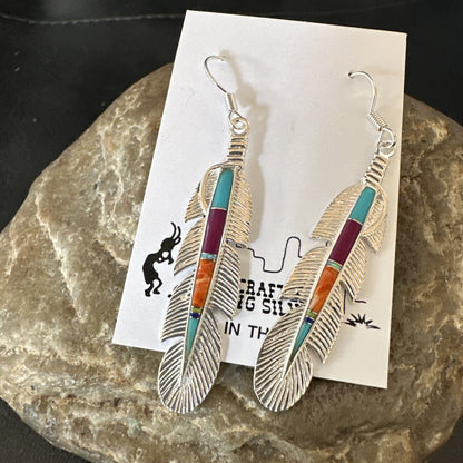 Multicolor Turquoise Sterling Silver Handmade Inlay Feather Earrings 18698