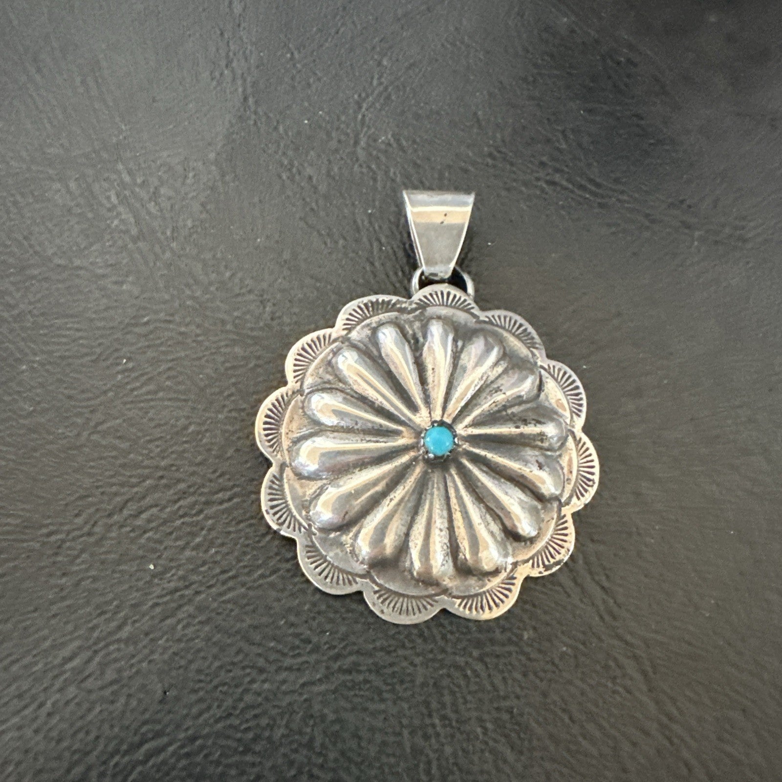 Navajo Native American Turquoise Pendant  Stamped Sterling Silver 1” 19687