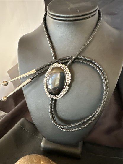 Mens Black Onyx Navajo Sterling Silver Bolo Tie 18663