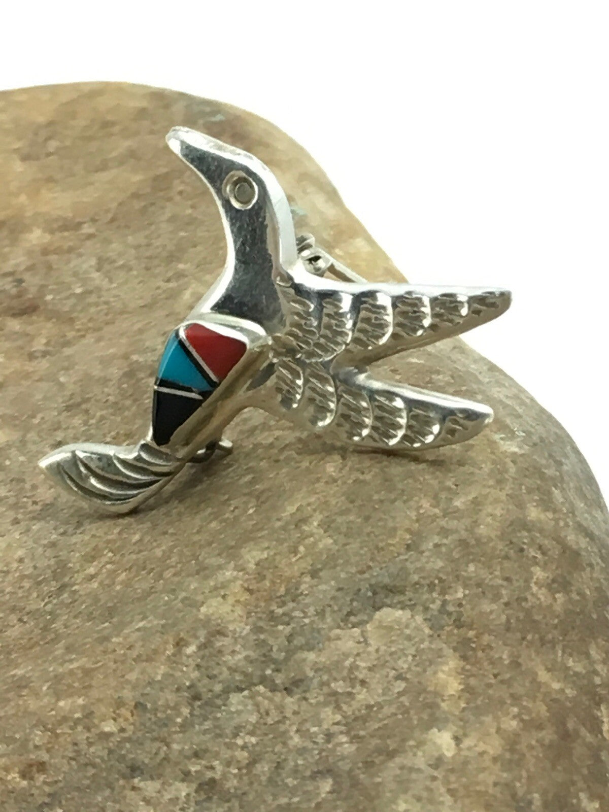 Turquoise & Coral Hummingbird Navajo Sterling Silver Pin 02899
