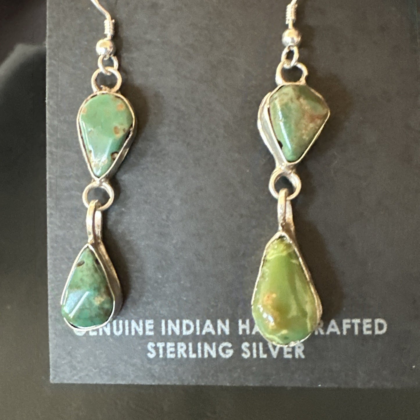 Green Royston Turquoise Navajo Sterling Silver Dangle Earrings 19414