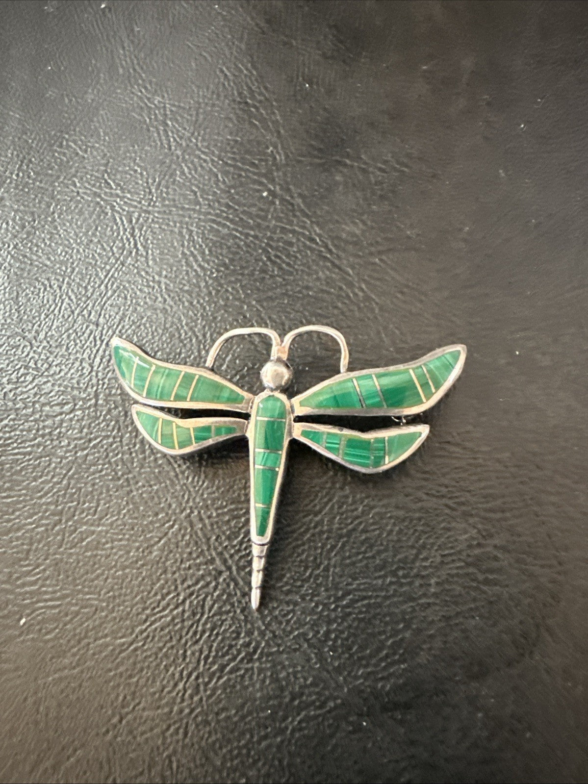 Rare Dragonfly Green Malachite Sterling Silver Inlay Pin 1.35” 19820
