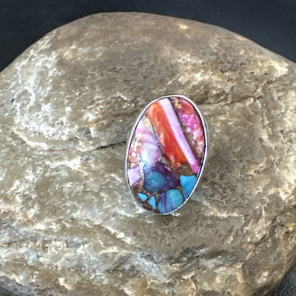 Blue Turquoise Spiny Oyster Southwestern Sterling Silver Ring Size 6 18475