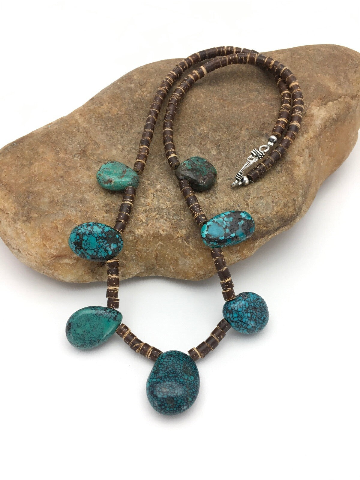 Spider Web Turquoise & Bone Bead Southwestern Sterling Silver Necklace 20" 02628