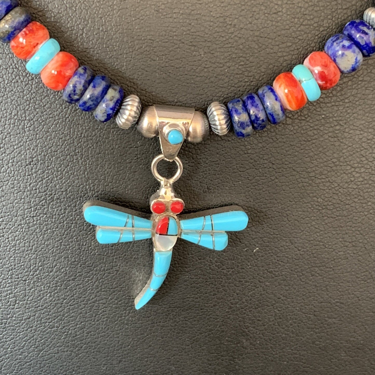 Dragonfly Sterling Silver Turquoise Coral Inlay Multi-Color Pendant 13513