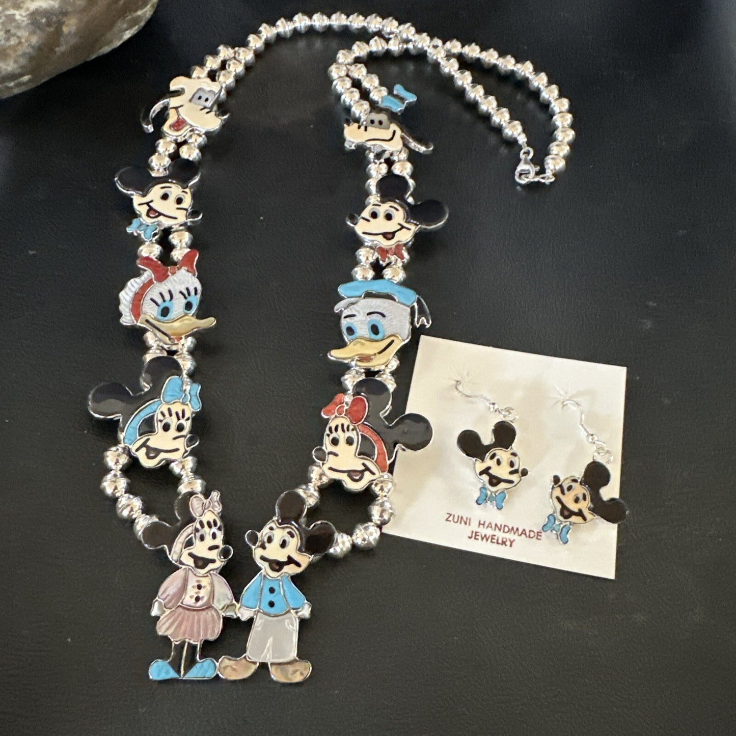 MICKEY MOUSE ZUNI TURQUOISE STERLING SILVER SQUASH BLOSSOM EARRINGS 17784