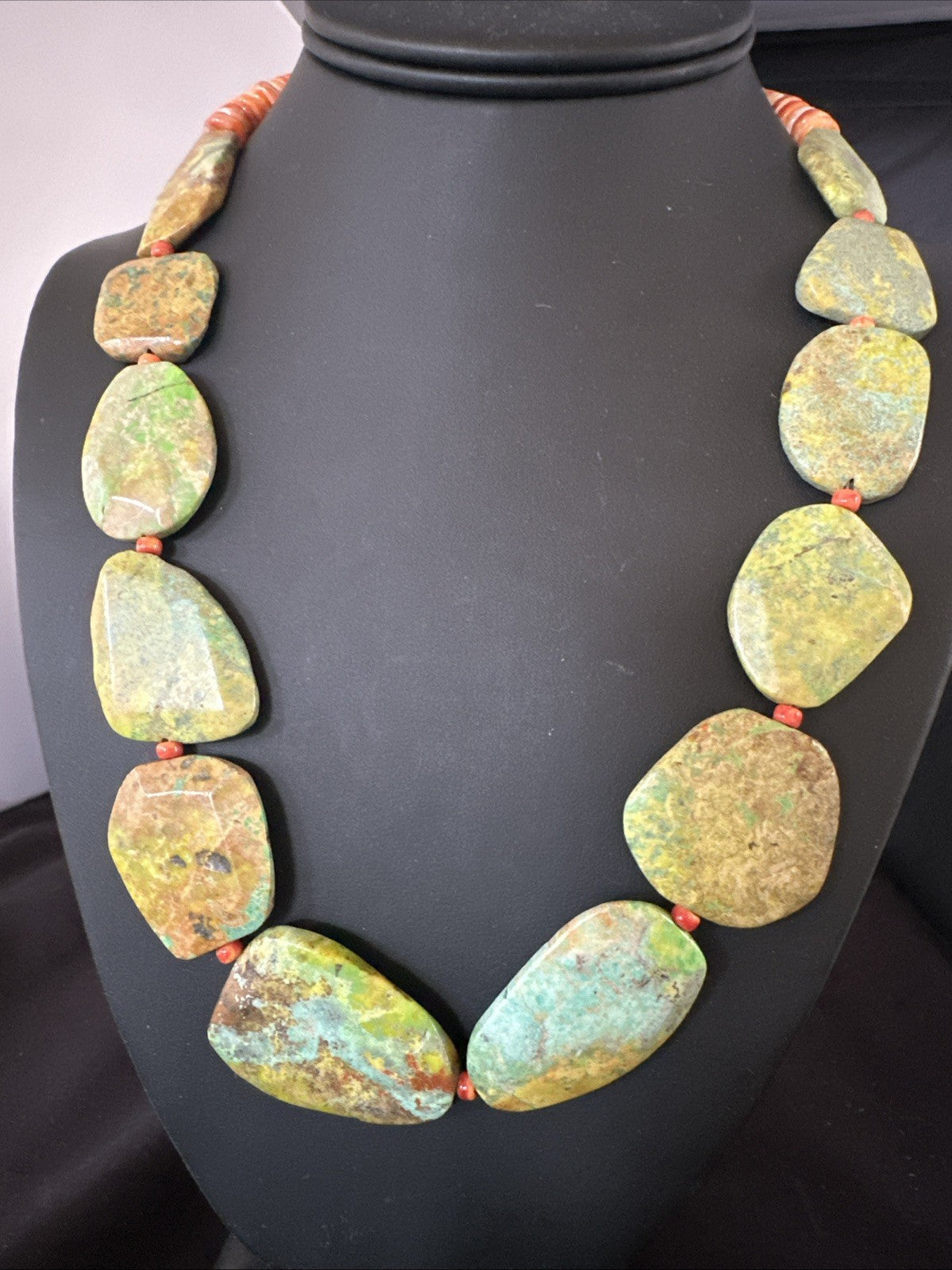 Rare Green Turquoise Orange Spiny Navajo Sterling Silver Necklace 19317